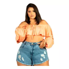 Short Jeans Plus Size Barra Desfiada Cintura Alta Rasgado