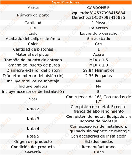 (1) Caliper O Mordaza Del Izq O Der Saab 9-5 11 Cardone Foto 5