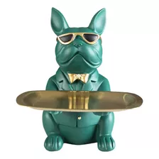 Estatua Decorativa Perro Bulldog Mayordomo Lentes Bandeja