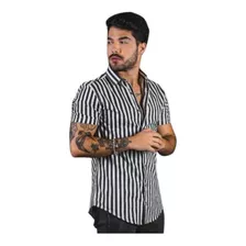 Kit 5 Camisa Social Listrada Masculina Manga Curta Slim