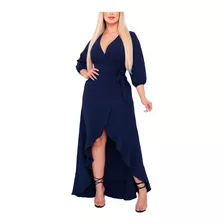 Vestido Feminino Crepinho Midi Mullet Babados Decote Cinto