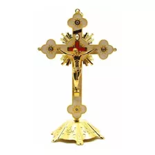 Crucifixo Em Metal Dourado Para Parede E Mesa Resinado