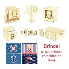 Kit Higiene Bebê Urso Marinheiro Mdf Cru 8 Peças + Brinde