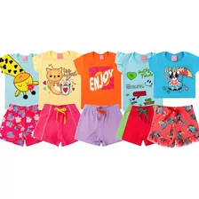 Kit 8 Peças 4 Blusas + 4 Shorts Menina Bebe Verão Barato Top