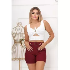 Short Cintura Alta Bengaline Curto Com Bolsos E Cinto Top