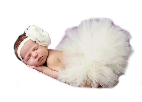 Saia Tutu Bailarina + Tiara Foto Bebê Newborn Creme
