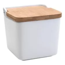 Saleiro De Mesa Em Cerâmica Com Tampa De Madeira Bianco Lyor Cor Branco