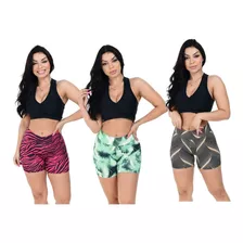 Kit 3 Short Feminino Fitness Moda Academia Suplex Cós Alto 