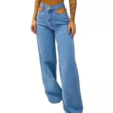 Calça Jeans Pantalona Flare Com Bolso Vazado Moda Feminina