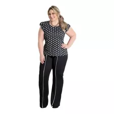 Calça Preta Flare Plus Size Com Filete Branco Social