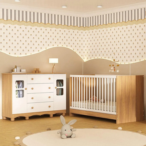 Berço 3 Em 1 Para Colchão 130x60cm Com Cômoda 2 Portas 4 Gavetas Luna Multimóveis Mp4750 Madeirado/branco