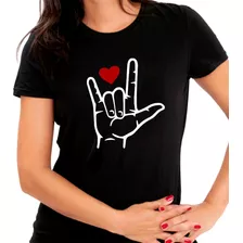 Camiseta Baby Look Preta Libras Símbolo Eu Te Amo