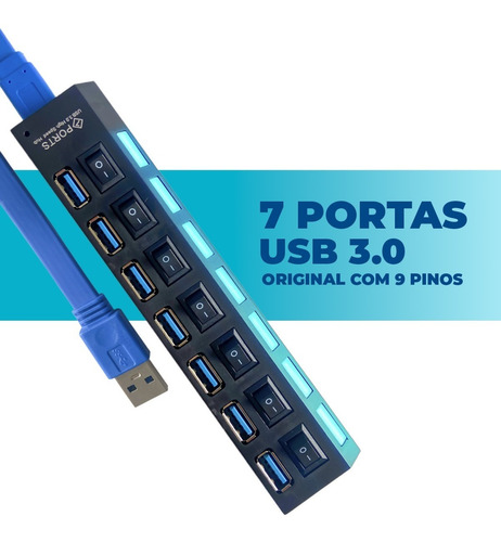 Régua Hub Usb 3.0 Diversas Entradas 7 Portas Usb Mouse Hd Ex