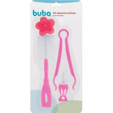 Kit Escova E Pinça Para Mamadeira Buba Cor Rosa