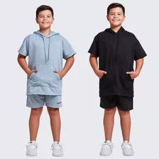 Kit 2 Conjuntos Infantil Moletom Menino Camisa E Bermuda