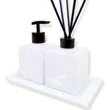 Kit Lavabo Branco/preto Bandeja De Vidro Luxo Jogo Banheiro