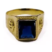 Anillo Sello Corona Plata 925 Piedra Cubic Azul Bañado Oro