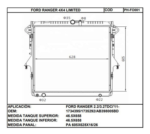 Radiador Mazda Bt-50 3.2/ford Ranger 2.2/3.2 Diesel Foto 2