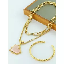 Colar Duplo Feminino Banhado À Ouro Coração + Bracelete Kit