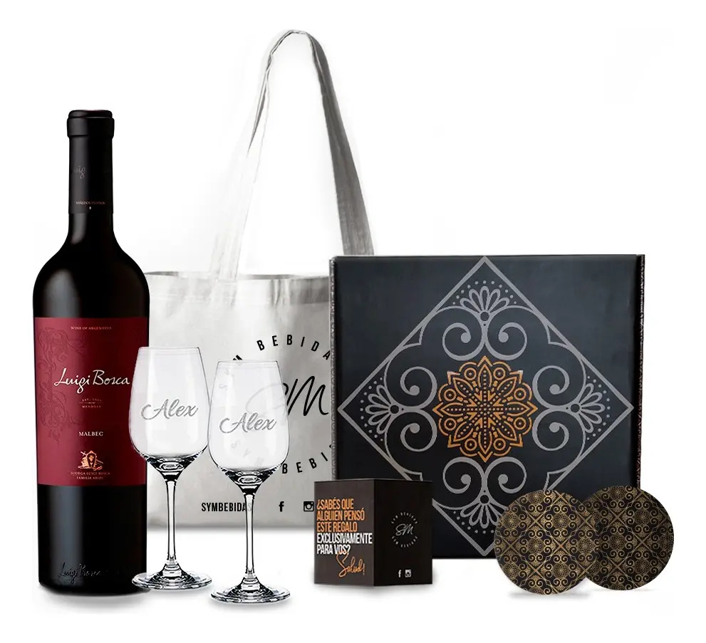 Box Set Vino Luigi Bosca Malbec Copas Transparentes Grabadas