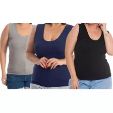 Kit 3 Regata Alça Larga Plus Size Feminina Blusinha Básica