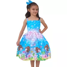 Vestido Temático Infantil Festa Pele De Sereia Mar + Brinde