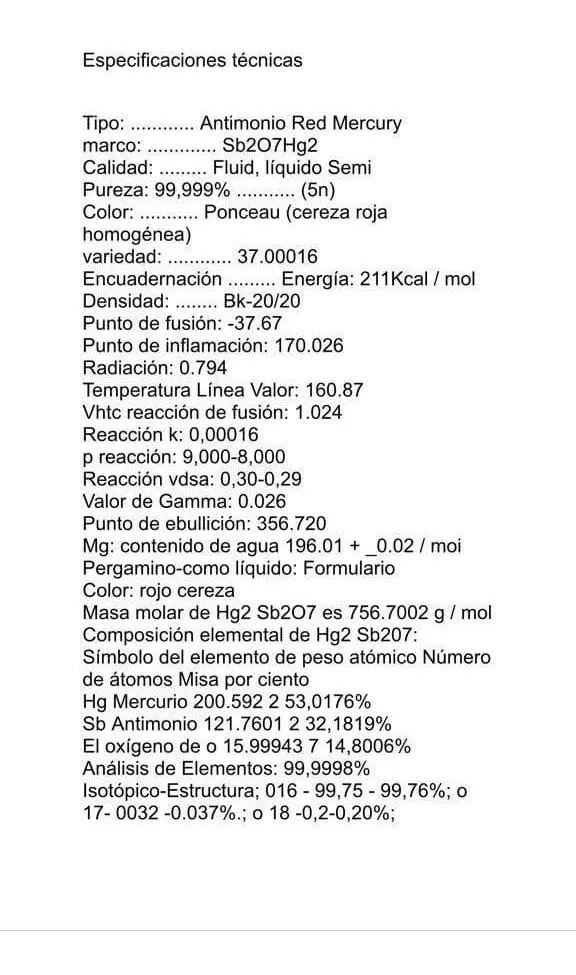 Mercurio Rojo Alemán Densidad 20/20 Pureza 99.9995 %