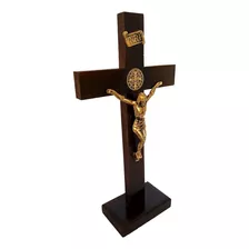 Cruz De Madeira De Mesa Crucifixo De São Bento Grande 29,5cm Cor Marrom-escuro