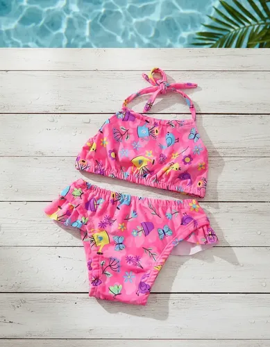 Biquíni Infantil Menina Floral Rosa Babado Praia Piscina Uv Rosa Estampa Variadas M