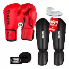 Kit Muay Thai Luva Vermelha Bandagem Bucal Gladiadora 16oz