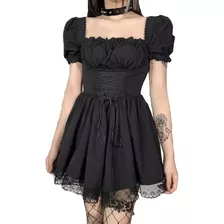 Mini Vestido Feminino Gótico Lolita Com Renda Punk