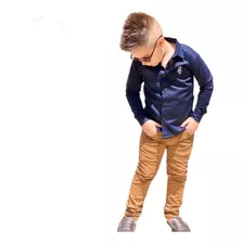 Roupa Infantil Menino Calça Caramelo Camisa Social Azul Mari