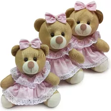 Trio Ursa De Pelúcia Vestido Rosa Para Nicho 18 22 E 26cm 