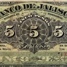 Billete 5 Pesos Banco De Jalisco, De 1914, Serie F