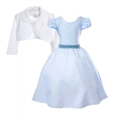 Vestido Azul Infantil Princesas Daminha Festa Luxo + Bolero