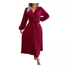 Vestido Plissado De Inverno Feminino Com Decote Em V