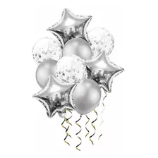 Set 9 Globos Estrella Metalizado Transparente Confetti Plata