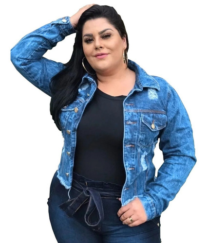 Jaqueta Jeans Feminino Plus Size Rasgada Blusa Agasalho Frio