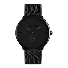 Reloj Pulsera Skmei 9185 De Cuerpo Color Negro, Analógico, Fondo Negro, Con Correa De Acero Color Negro, Agujas Color Negro Y Azul, Dial Negro, Subesferas Color Negro, Minutero/segundero Negro Y Azul,