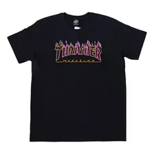 Camiseta Thrasher Double Flame Logo Neon Preta
