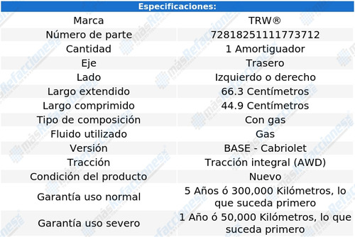 Amortiguador Gas Tras Izquierdo O Derecho A5 Quattro 10 Trw Foto 2