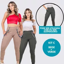 Kit 2 Calças Jogger Cargo Feminina Com Suspensório Removível