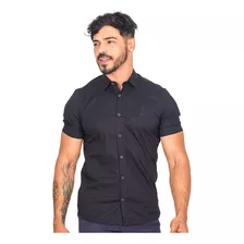 Camisa Social Masculina Manga Curta Com Bordado Básica Lisa