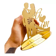Topo De Bolo Acrílico Espelhado Monograma Casamento Iniciais Cor Dourado Noivinhos