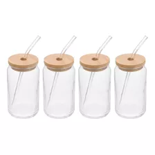 Pack 4 Vasos Lata De Vidrio Con Bombilla Tapa De Bambu 350ml