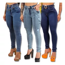 Kit 3 Calça Jeans Feminina Cós Alto Com Cinto C/lycra Premiu