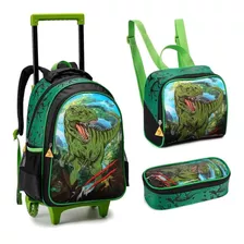 Kit Mochila Infantil Escolar T-rex De Rodinhas Dinossauro