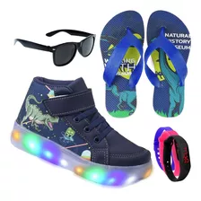 Tênis Infantil Led Botinha Dinossauro+chinelo+oculos+relogio