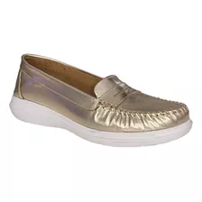 Mocasines Sposami 100% Cuero Vacuno Platino Mujer Moda Otoño