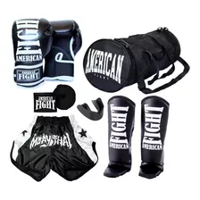 Kit Muay Thai Luva Caneleira Bolsa Shorts Band Bucal Preto